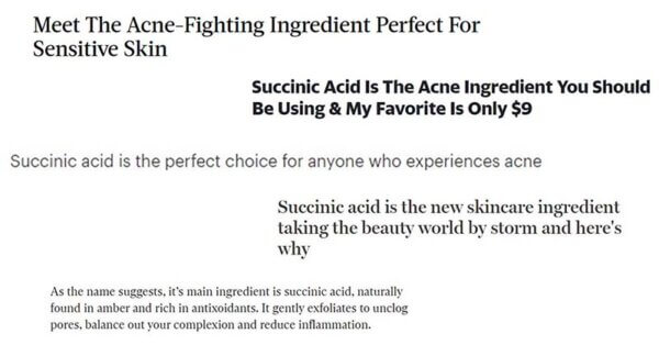 Succinic acid headlines from beauty media